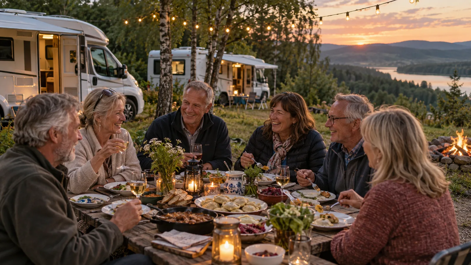Illustrative scene of motorhome travellers sharing an evening meal at a campsite