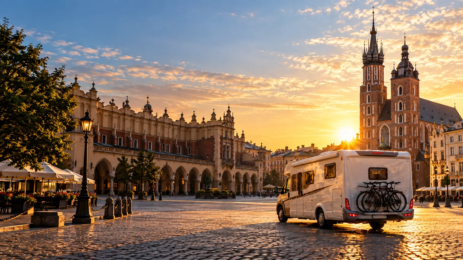 Illustrative scene of a motorhome in Kraków’s Main Square at golden hour