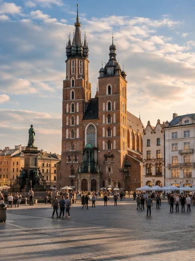 Illustrative view of Kraków’s Main Square and St Mary’s Basilica