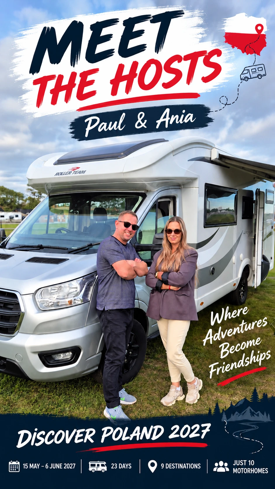 Meet your hosts, Paul and Ania, beside their motorhome. Discover Poland 2027, 15 May to 6 June.